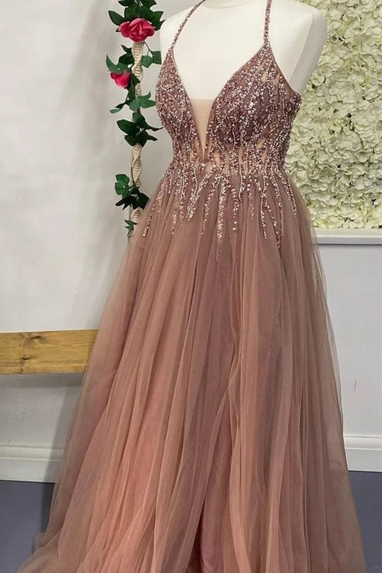 Tulle V-Neck Backless Beaded Long Prom Dress