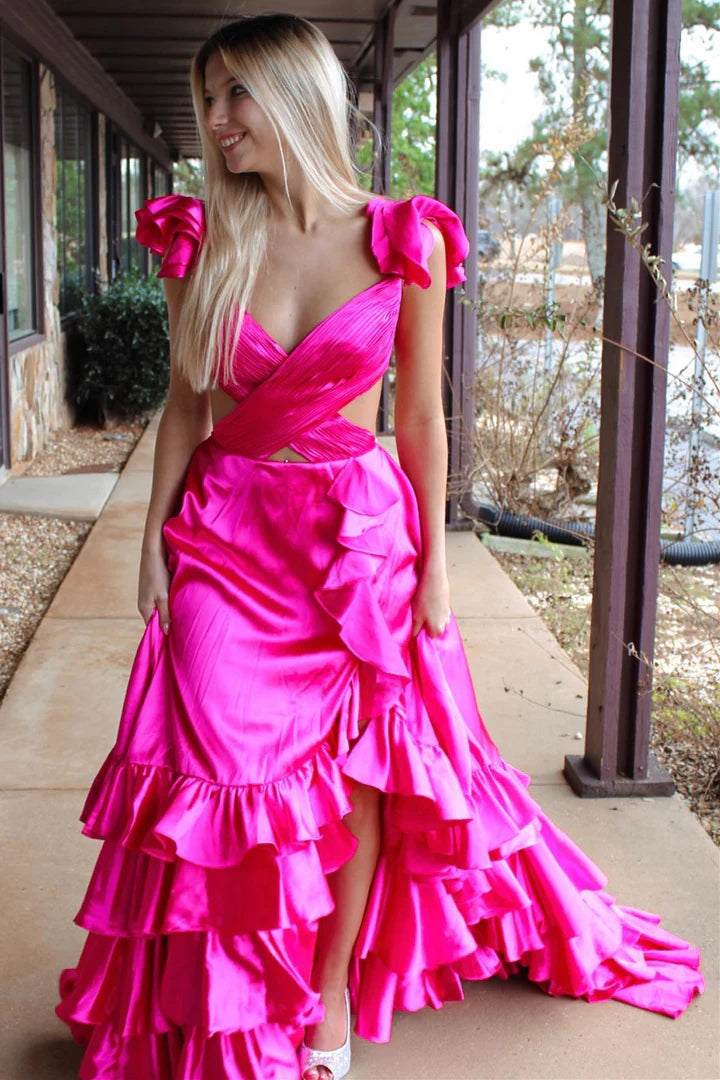 Cutout Ruffle A-Line Long Prom Dress with Slit