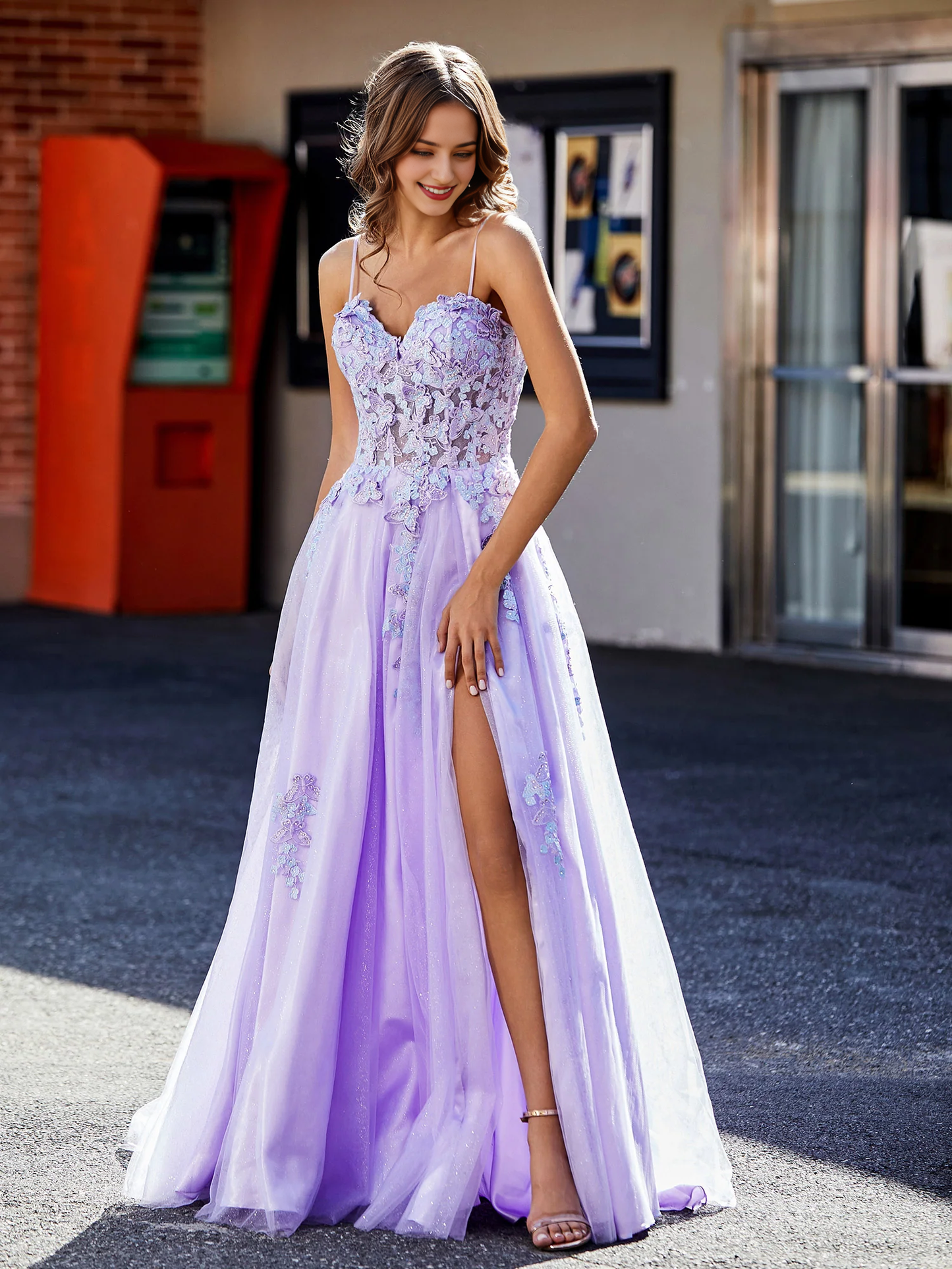 Tulle Gown A Line Applique Top With Slit Prom Dress