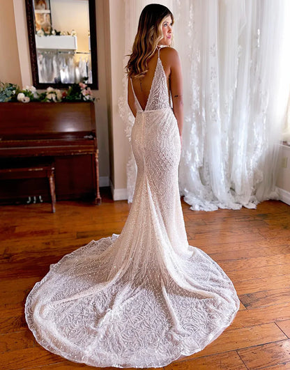 Mermaid White Sweep Train Long Wedding Dress