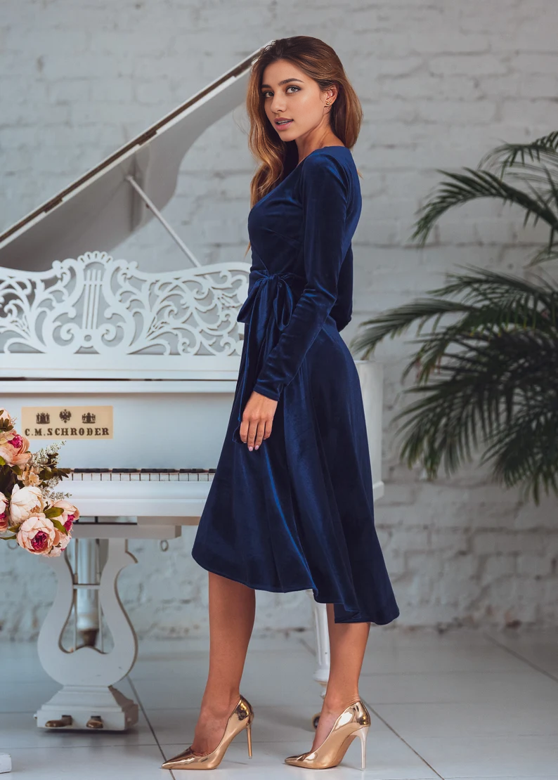 Wrap Dress Velvet Dress Deep V Neck Long Sleeves Adjustable Waist Tie High-Low Hemline Formal Wear Dresses Wedding Guest Dress Evening Dress