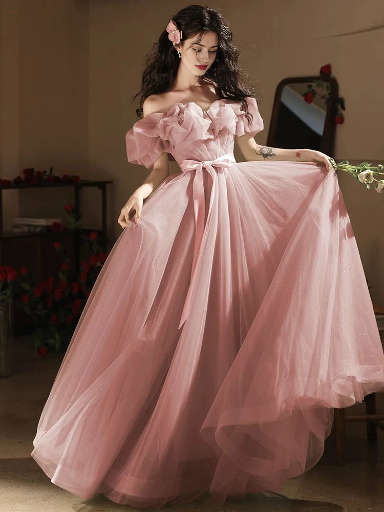 Temperament A-Line Evening dress Off Shoulder Tulle Lace up Long Fantastic Atmosphere Prom Dress