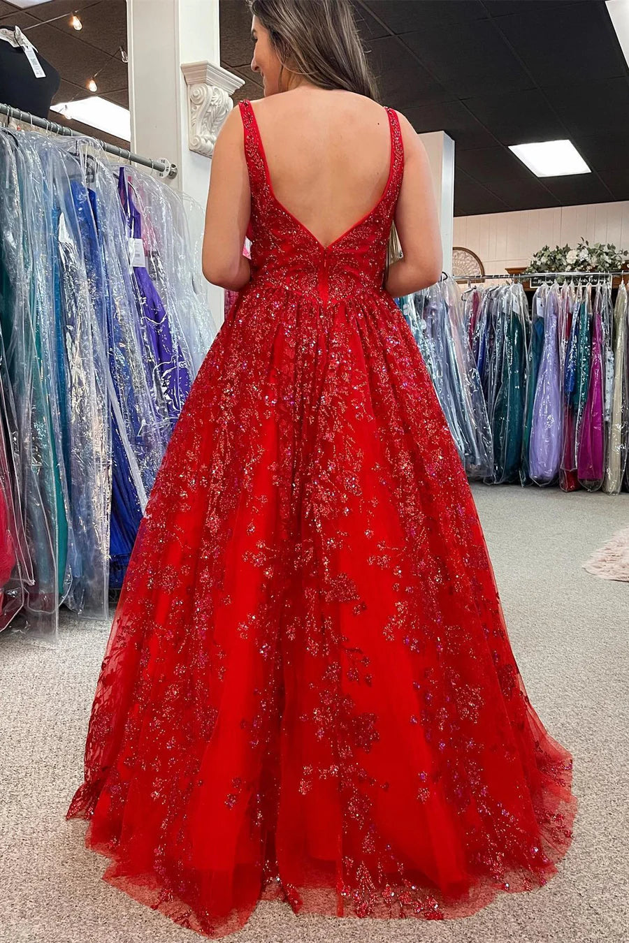 Beaded Plunge V Backless A-Line Prom Gown