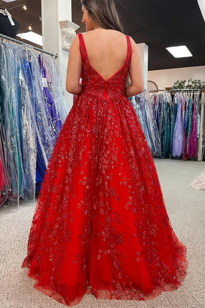 Beaded Plunge V Backless A-Line Prom Gown