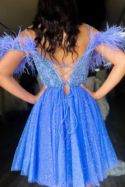 Cute A Line V Neck Blue Sparkly Tulle Short Homecoming Dresses with Feather