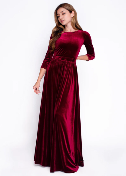 Luxurious Velvet Dress Round Neckline Long Sleeves Flattering Floor-Length Elegant Formal Wear Dresses Wedding Guest Dress Evening Dress