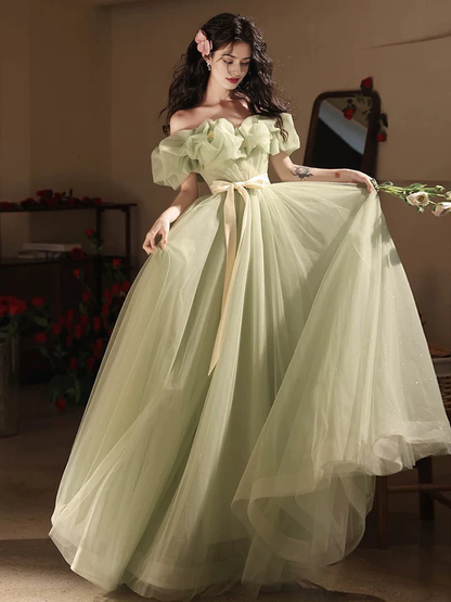 Temperament A-Line Evening dress Off Shoulder Tulle Lace up Long Fantastic Atmosphere Prom Dress