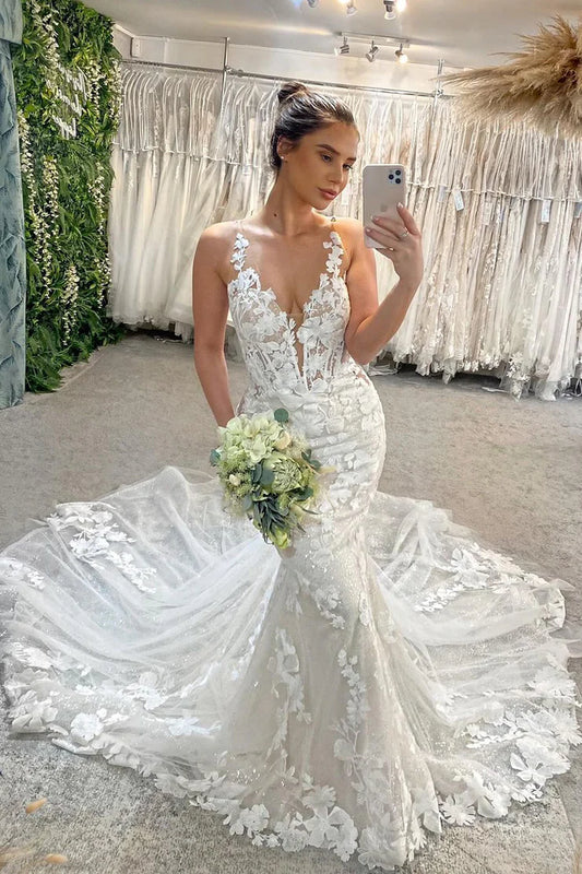 Elegant Mermaid V Neck Lace Applique Backless Wedding Dresses With Attached Train