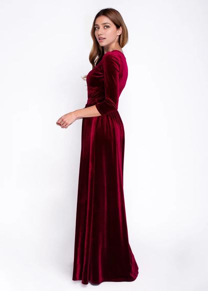 Luxurious Velvet Dress Round Neckline Long Sleeves Flattering Floor-Length Elegant Formal Wear Dresses Wedding Guest Dress Evening Dress