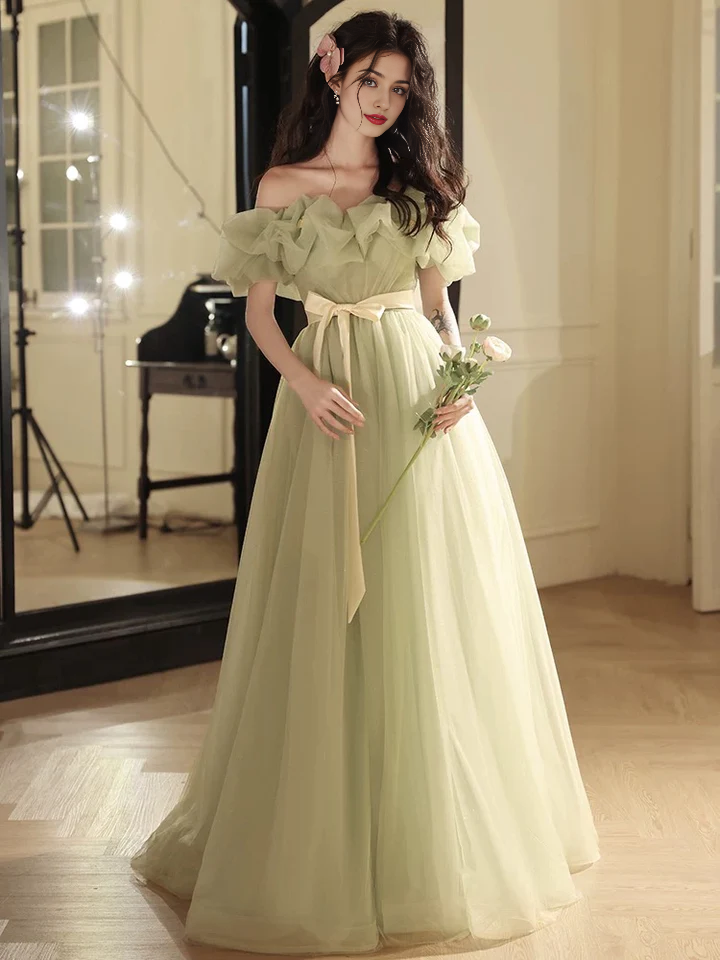 Temperament A-Line Evening dress Off Shoulder Tulle Lace up Long Fantastic Atmosphere Prom Dress