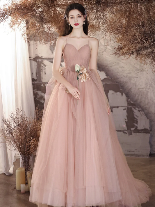 A-Line Heart-shaped collar Tulle Flower Long Spaghetti Strap Backless Long Elegant Fantastic Prom Dress