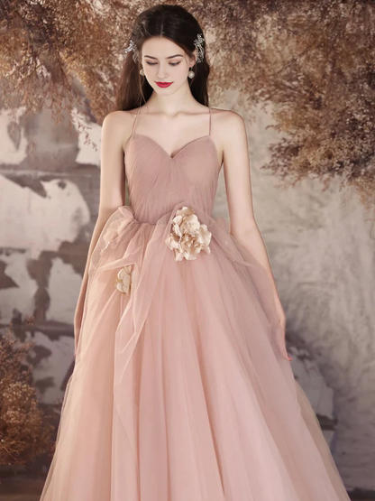 A-Line Heart-shaped collar Tulle Flower Long Spaghetti Strap Backless Long Elegant Fantastic Prom Dress