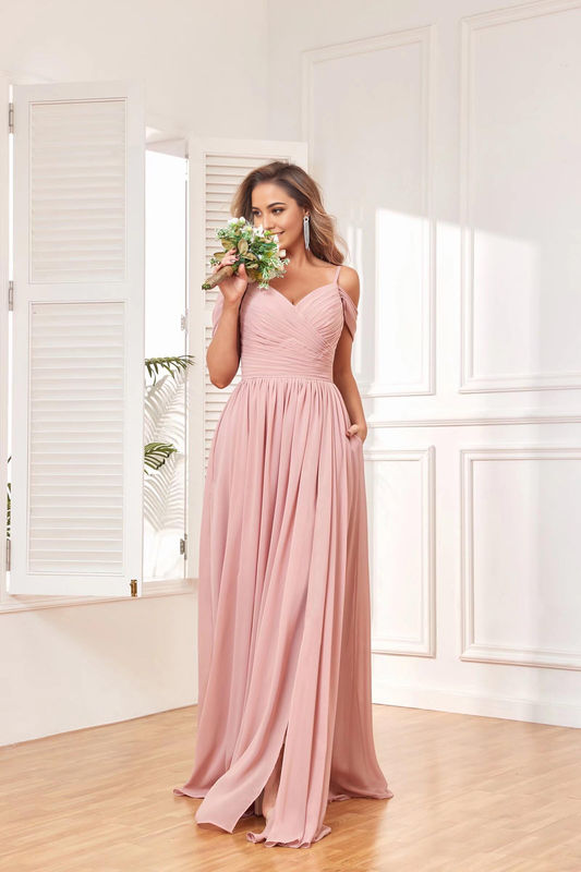 Elegant V Neck Off The Shoulder Ruched Chiffon Side Fork Long Bridesmaid Dresses Wedding Guests Dresses