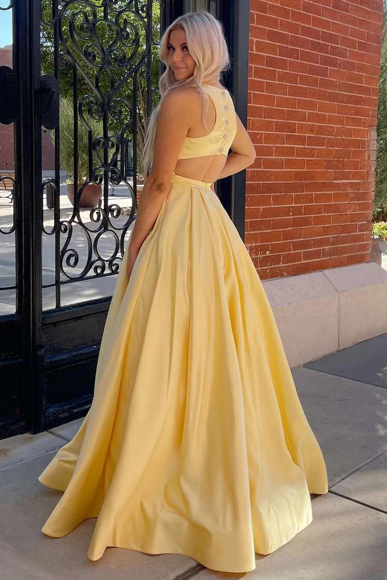 Round Neck Cutout Back A-Line Formal Dress with Rhinestones