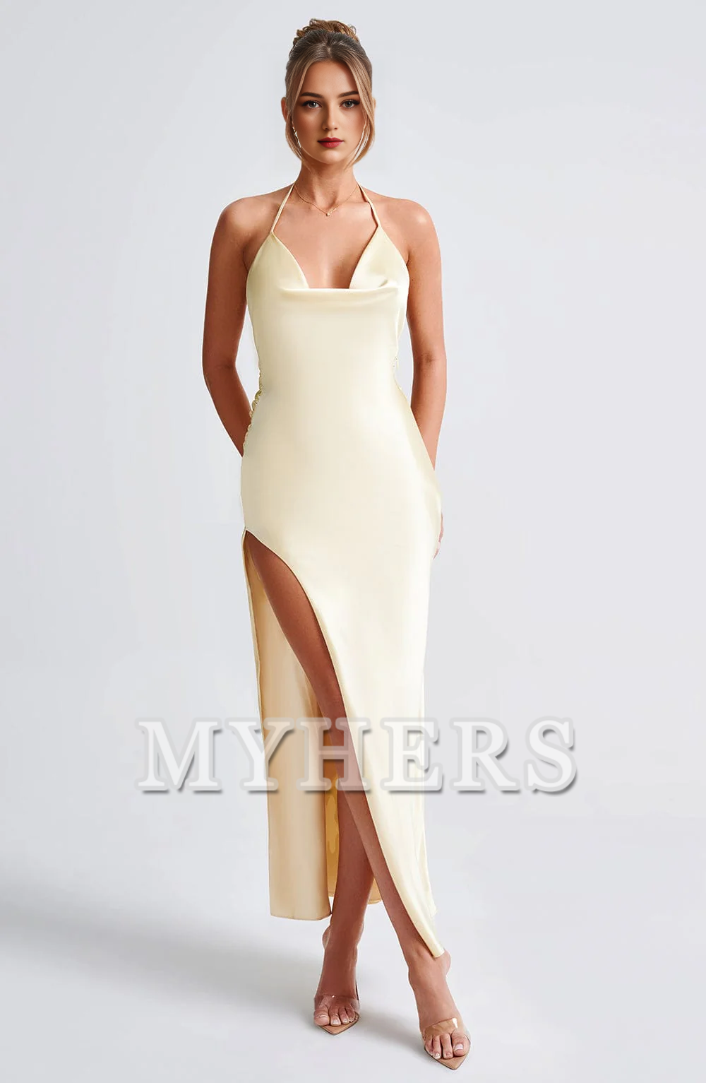 Cowl Neckline Backless Side Fork Sexy Charming Dresses Bridesmaid Dresses Wedding Guests Dresses
