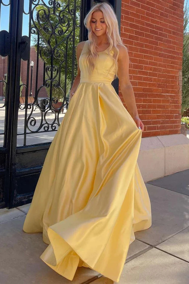 Round Neck Cutout Back A-Line Formal Dress with Rhinestones
