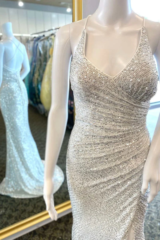 Sequin Surplice Neck Lace-Up Mermaid Long Prom Dress