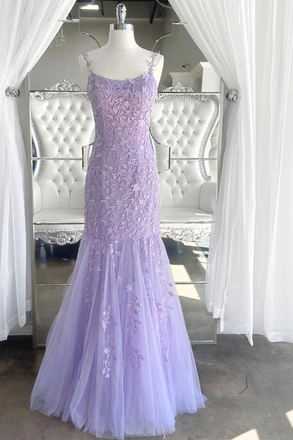 Elegant  Lace Applique Trumpet Long Prom Dress