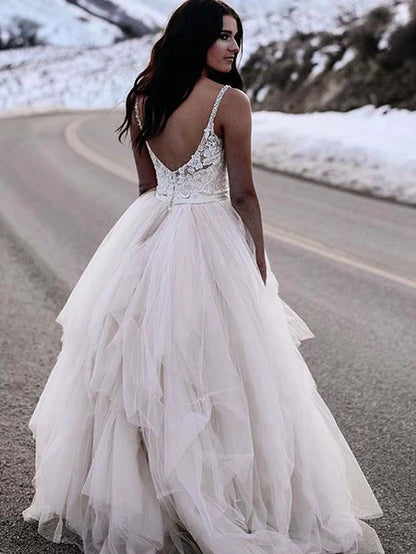 Sexy White Light Pink Spaghetti Strap Floral Prom Dresses,Puffy Tulle Long Wedding Gown