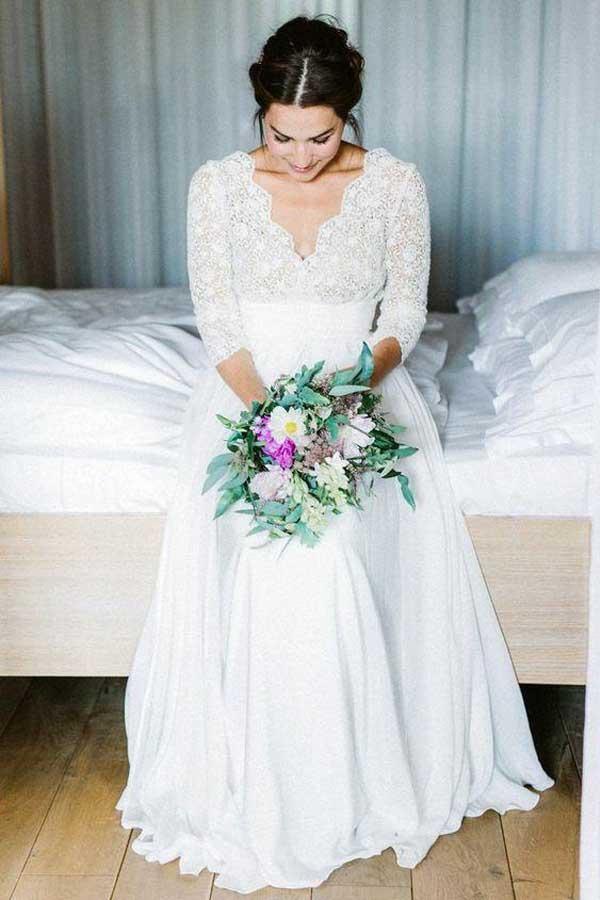 Sleeve See Through Backless Lace Chiffon Wedding Dresses