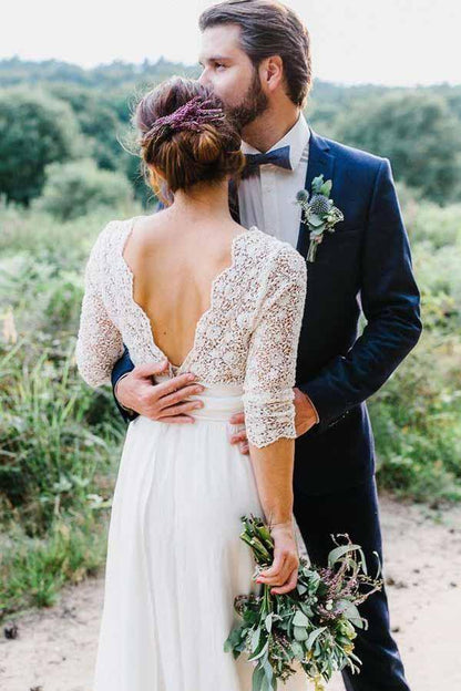 Sleeve See Through Backless Lace Chiffon Wedding Dresses