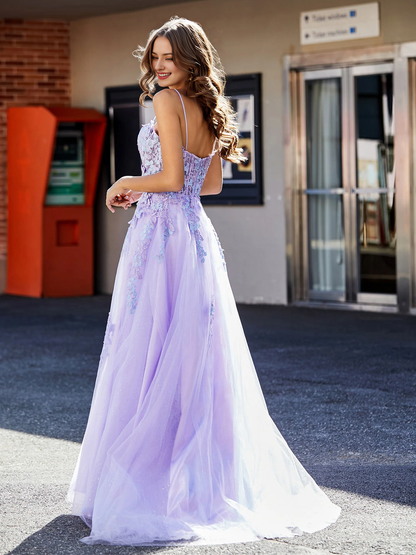 Tulle Gown A Line Applique Top With Slit Prom Dress