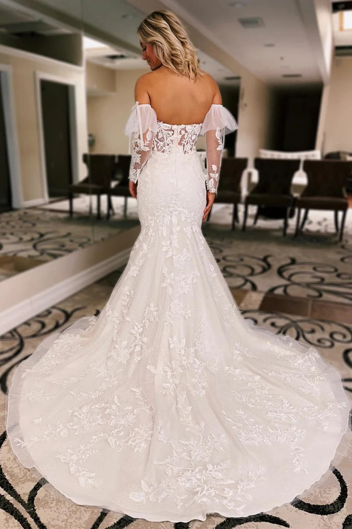 White Floral Lace Sweetheart Off-the-Shoulder Trumpet Wedding Dress with Detachable Sleeves ﻿