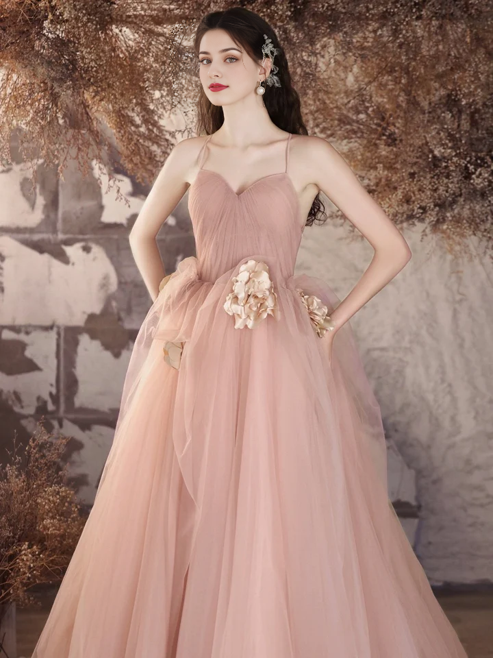 A-Line Heart-shaped collar Tulle Flower Long Spaghetti Strap Backless Long Elegant Fantastic Prom Dress