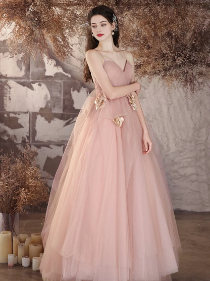 A-Line Heart-shaped collar Tulle Flower Long Spaghetti Strap Backless Long Elegant Fantastic Prom Dress