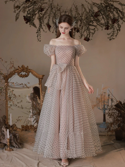 Fashion A-Line Short Sleeves Polka Dots Tulle With Bow Long Temperament Prom Dress