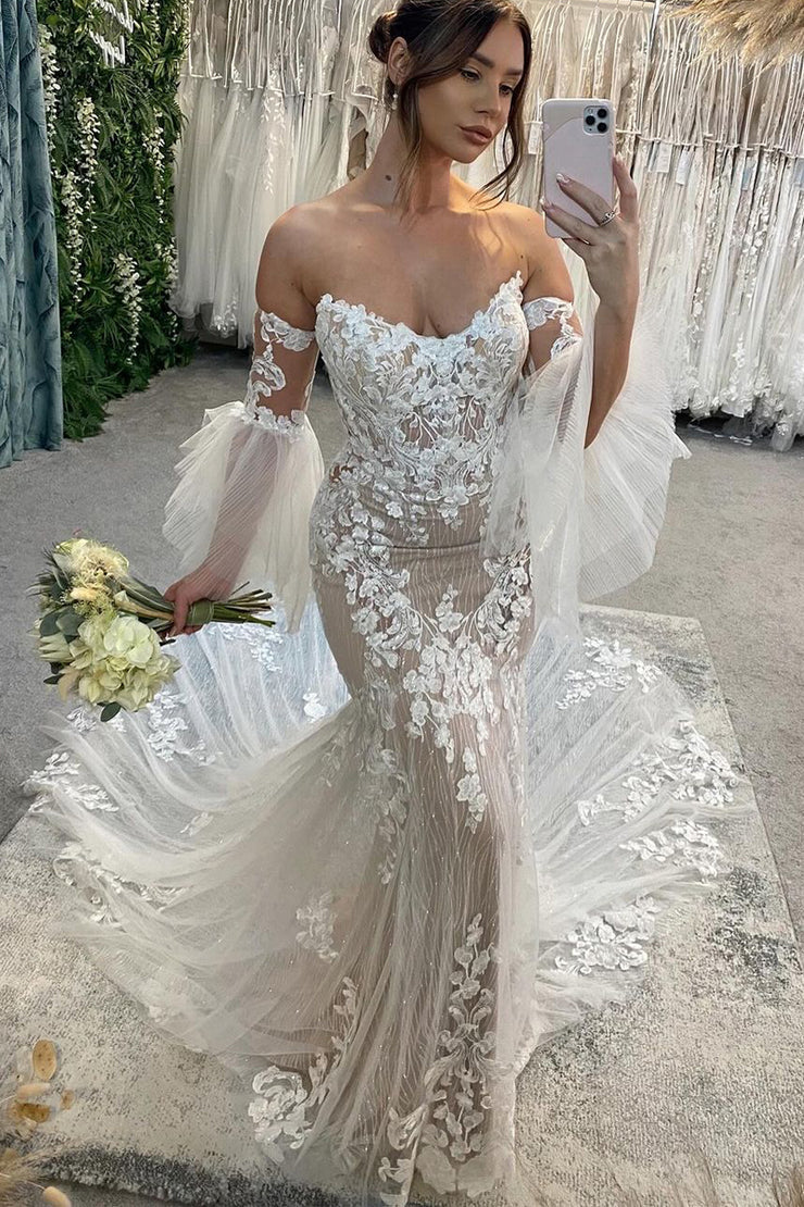 Elegant Mermaid V Neck Off-the-Shoulder Champagne Sparkly Lace Wedding Dress wirh Appliques