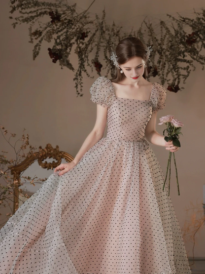 Fashion A-Line Short Sleeves Polka Dots Tulle With Bow Long Temperament Prom Dress