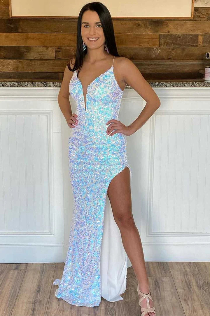 Sequin V-Neck Backless Mermaid Prom Dress