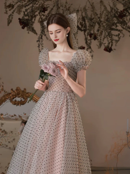 Fashion A-Line Short Sleeves Polka Dots Tulle With Bow Long Temperament Prom Dress