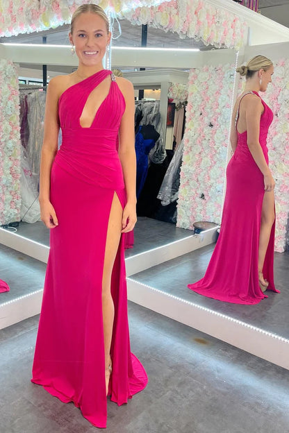 One-Shoulder Purple Beaded Keyhole Mermaid Long Formal Dress with Slit