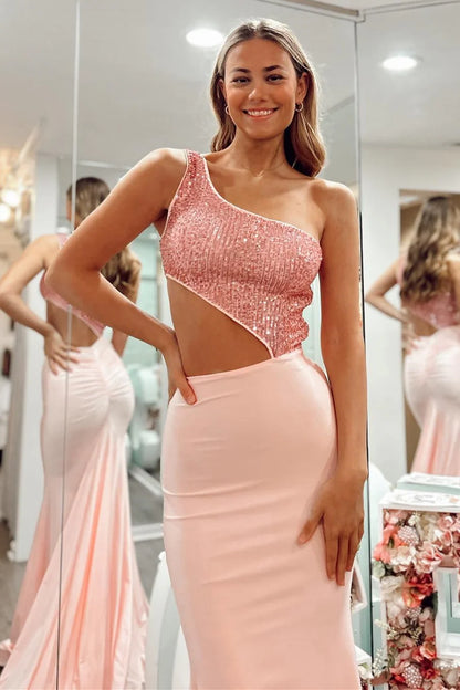 One-Shoulder Pink Sequin Cutout Trumpet Long Prom Dress