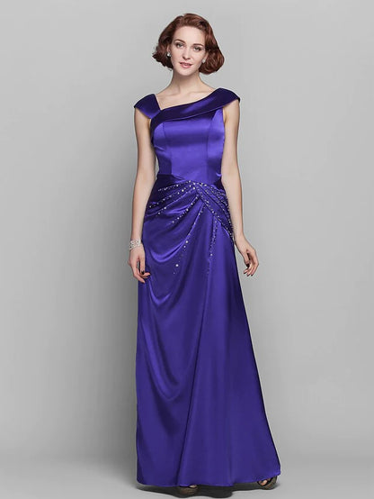 Mother of the Bride Dress Elegant Off Shoulder Floor Length Stretch Satin Sleeveless with Beading Side Draping