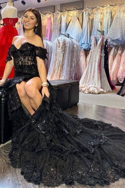 Sequin-Embroidery Off-the-Shoulder Tiered Long Prom Dress with Slit
