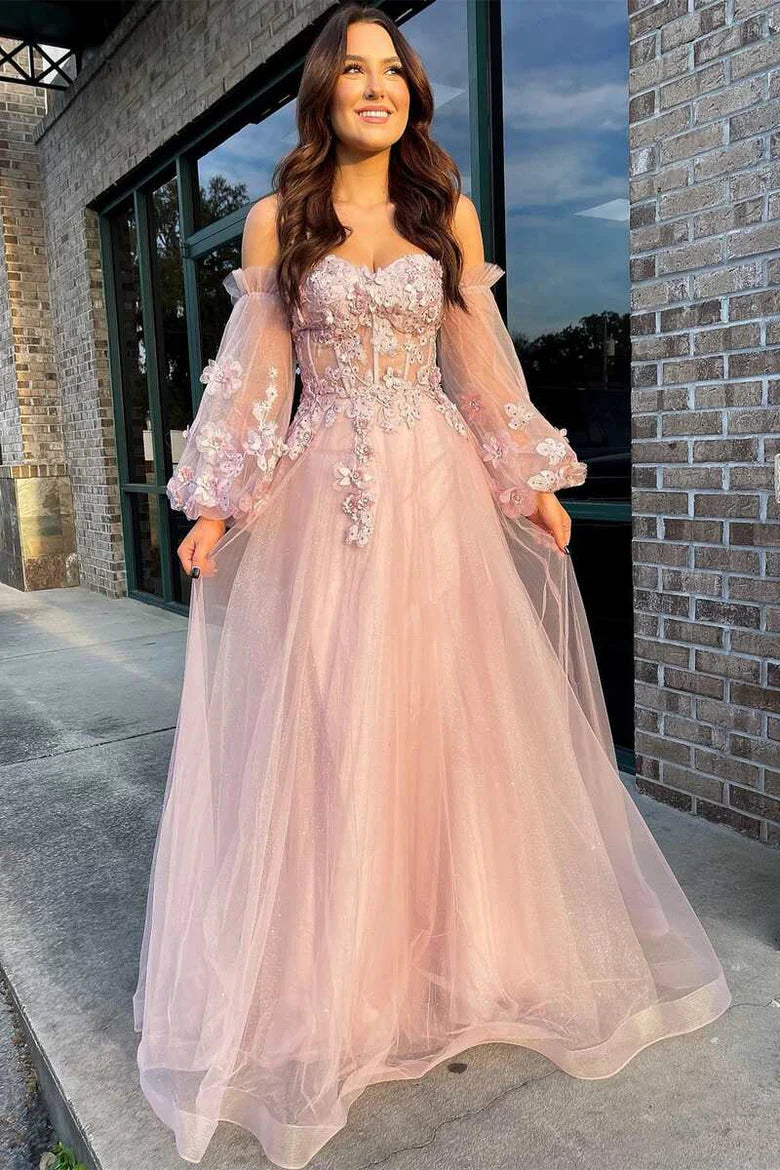 Tulle Strapless A-Line Prom Dress with Balloon Sleeves