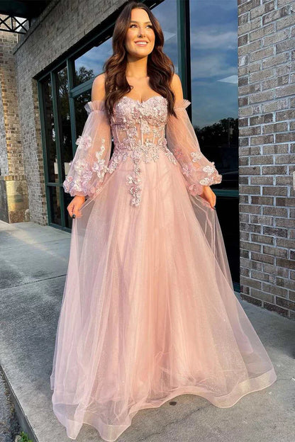 Tulle Strapless A-Line Prom Dress with Balloon Sleeves