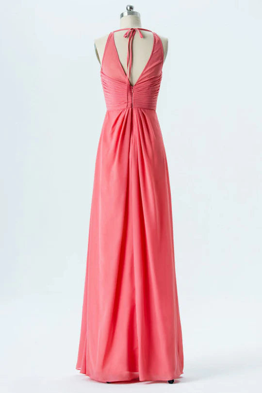 Coral Pink Chiffon Round neck Sleeveless Backless Bridesmaid Dress