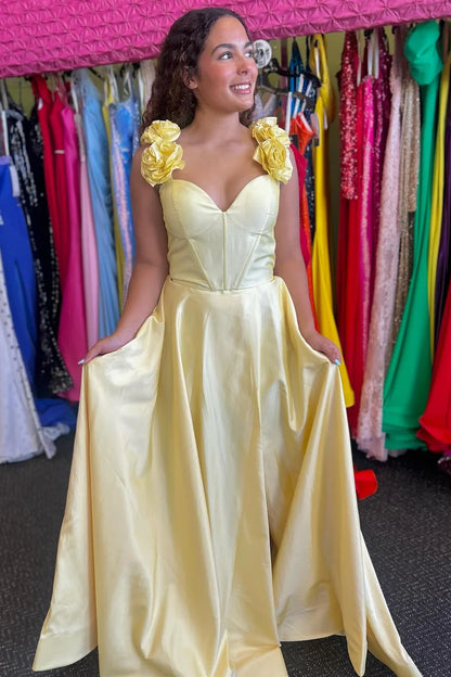 Corset A-Line Long Prom Dress with Rosette Straps