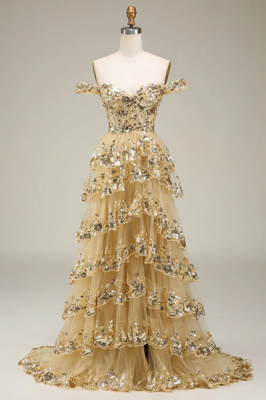 Golden A-Line Off-the-Shoulder Tulle Tiered Split Fork Floor-Length Prom Dress
