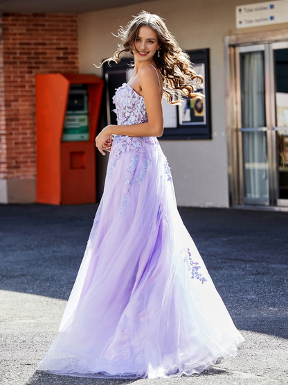 Tulle Gown A Line Applique Top With Slit Prom Dress