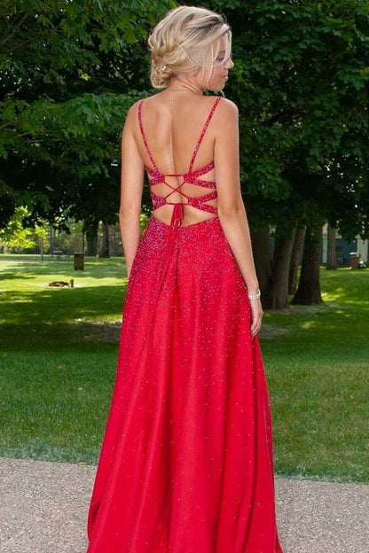 Satin V-Neck Lace-Up Back Prom Dress