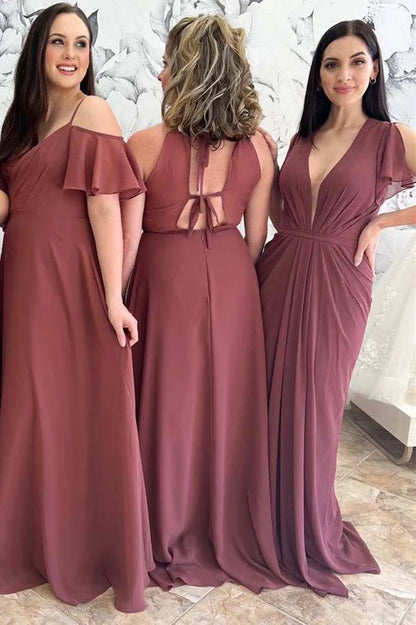 V-Neck/Square neck/Round neck Mismatched Burgundy Chiffon Bridesmaid Dress