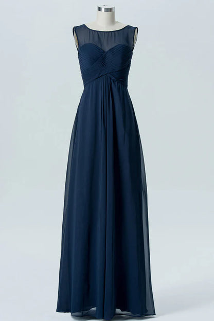 Navy Blue Round neck Chiffon Sleeveless Pleats Sweetheart Bridesmaid Dress