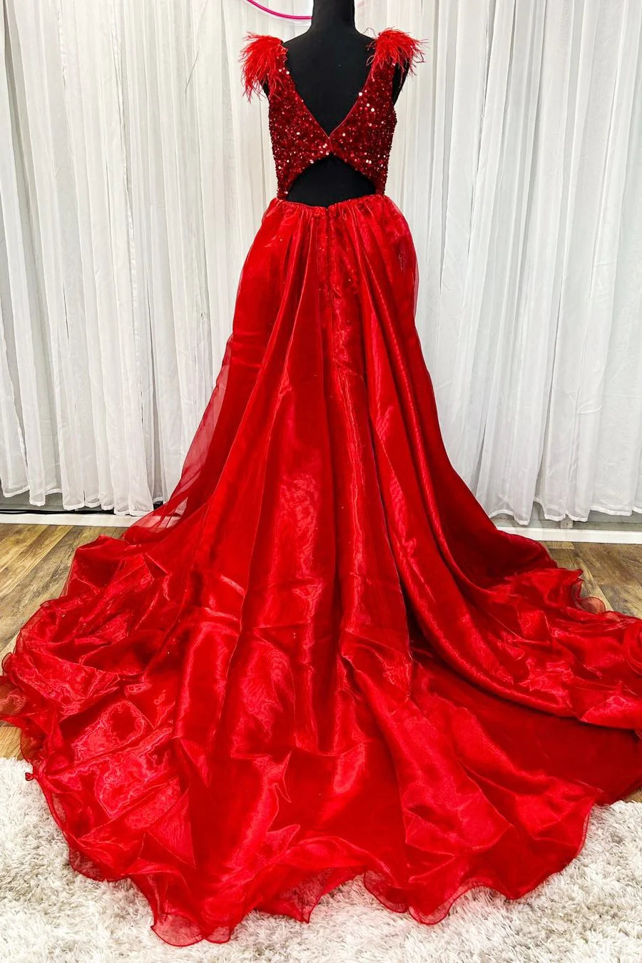Sequin Plunge V Mermaid Long Dress with Attached Train