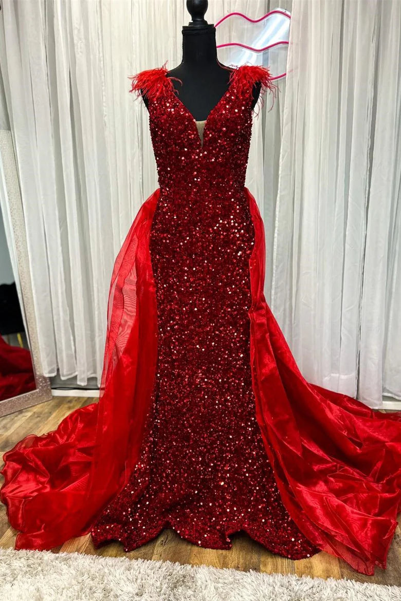 Sequin Plunge V Mermaid Long Dress with Attached Train
