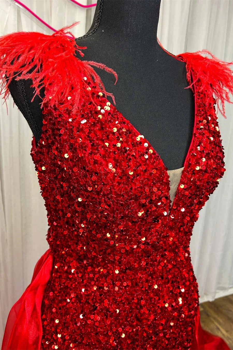 Sequin Plunge V Mermaid Long Dress with Attached Train